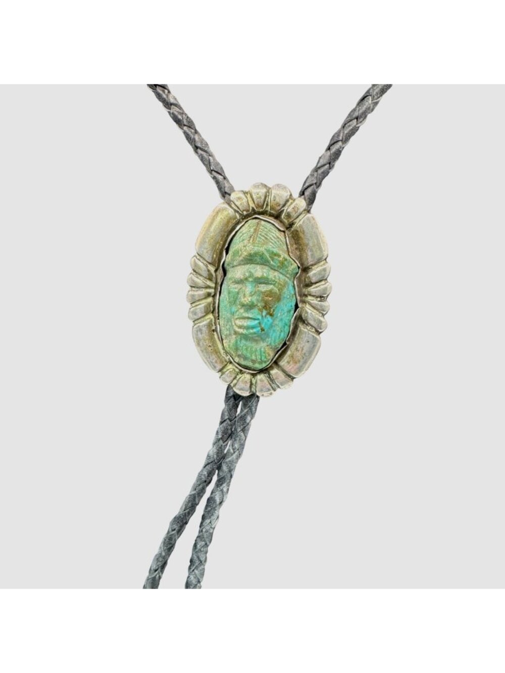 Native American Navajo Carved Turquoise Sterling Silver Medicine Man Bolo Tie 3"